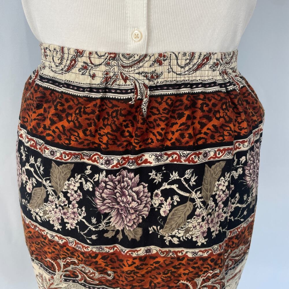 Vintage Mini Skirt Size 14 Black Brown Mix Print Cheetah Floral Boho Pull On 90s - Picture 3 of 16
